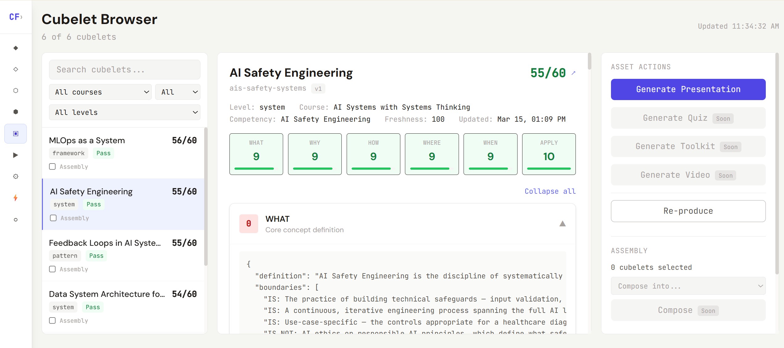 CMMC Assessment Simulator in the browser at cmmc-app.cubelet.ai — showing cubelet scores, assessment actions, and assembly tools