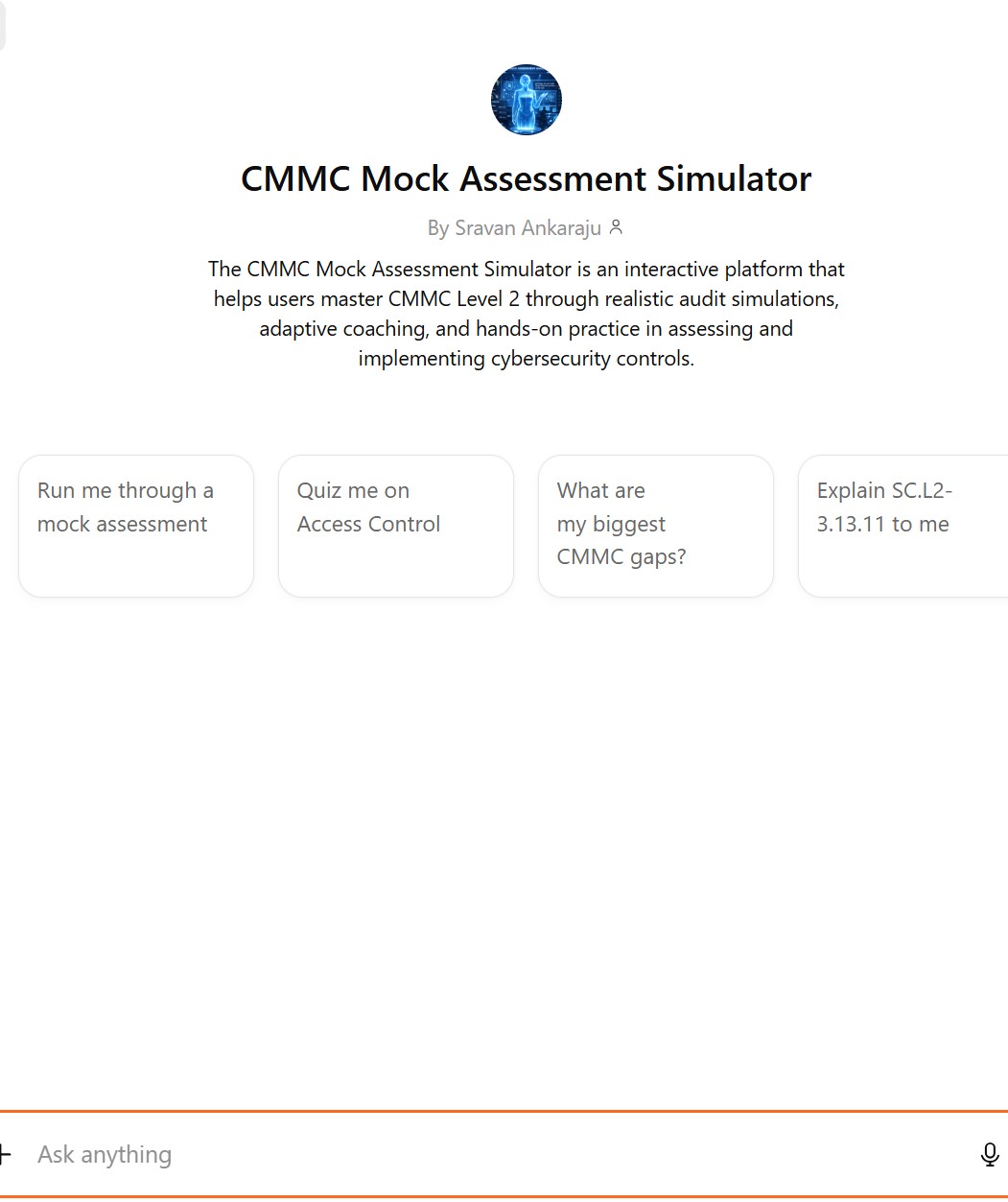 CMMC Mock Assessment Simulator running inside ChatGPT — showing mock assessment, quiz, gap analysis, and practice explanation options