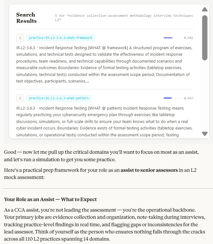 CMMC Assessment Simulator running inside Claude Desktop via MCP — showing practice details, assessment options, and AI coaching