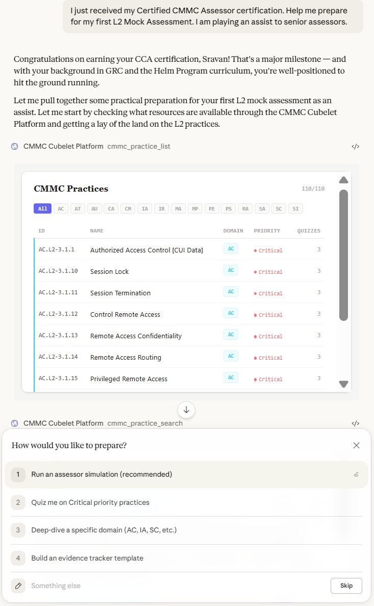 CMMC Assessment Simulator running inside Claude Desktop via MCP integration — showing 110 practices across 14 domains with AI-guided preparation options