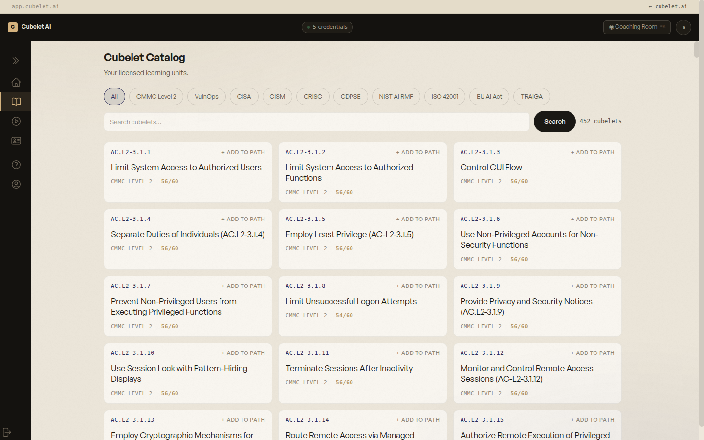 CUBELET.AI Catalog — 452 cubelets across CMMC L2, VulnOps, AI Governance, ISO 42001, and more