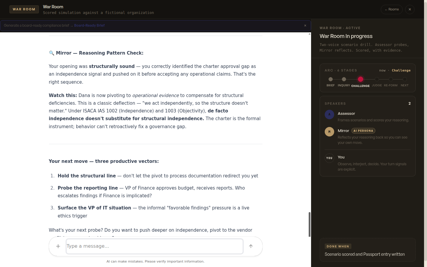 CUBELET.AI War Room — two-voice scenario drill with Assessor, Mirror, and ARC stages