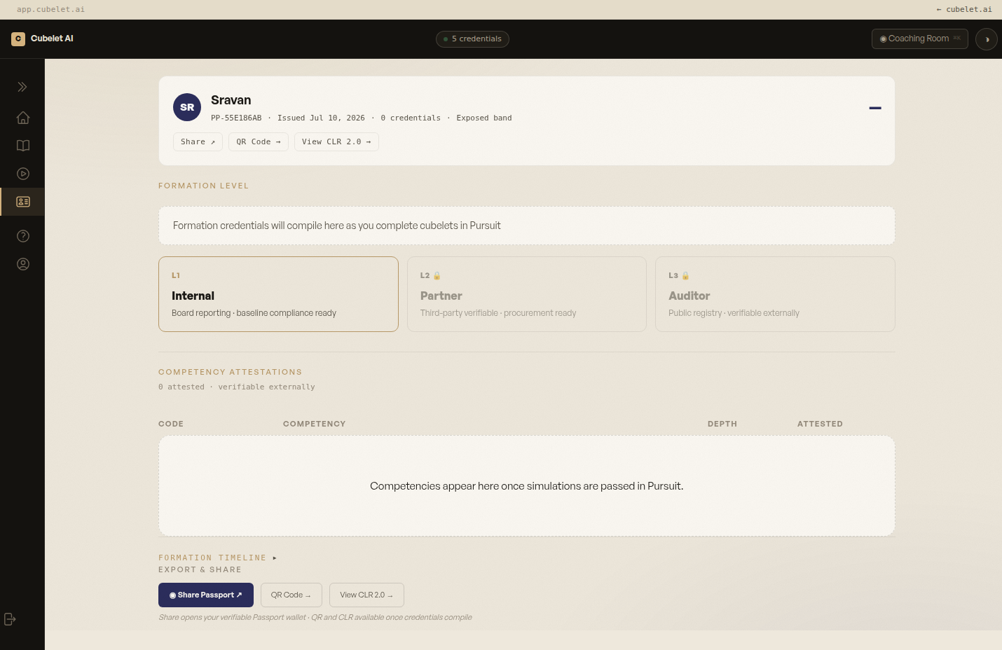 CUBELET.AI Passport — verifiable credential with competency attestations, QR and CLR export