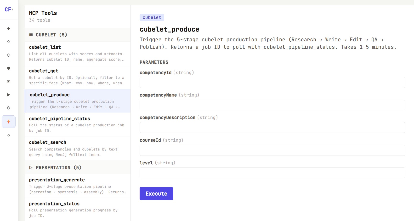 MCP Tools interface showing 34 tools across Cubelet, Presentation, Graph, Assessment, Simulation, and Coaching categories