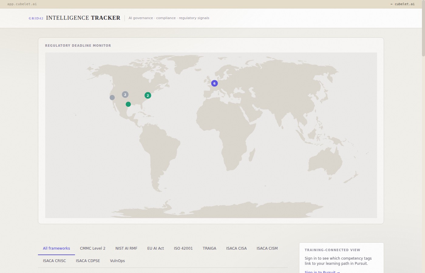 GRID42 Intelligence Tracker — Regulatory Deadline Monitor showing global compliance deadline clusters
